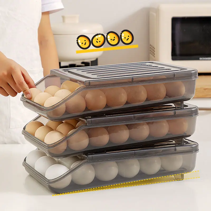 التلقائي الشريحة البيض صندوق تخزين الثلاجة المنظم البيض حامل أرفف سلة البيض موزع الحاويات الثلاجة المطبخ الأداة
