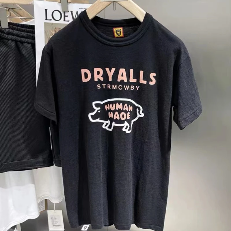 

Cartoon Letter Pig T Shirt High Quality Slub Cotton Loose Human Made T-shirts for Men Women