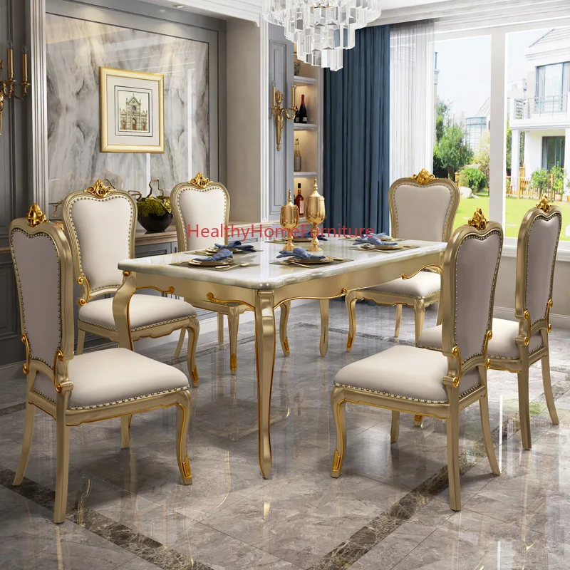 

High Quality American Rectangle Marble Dining Table Set Luxury Kitchen Table and Chairs Solid Wood Furniture 2022
