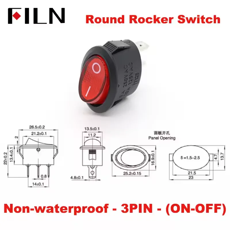 

FILN 5 шт. KCD1 15A синий, красный, зеленый, мини-круглый тумблер с подсветкой, защелкивающийся, 3 контакта, кулисный переключатель для лодки