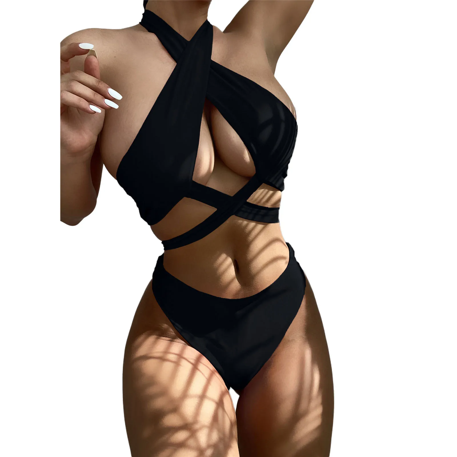 

Women Swimming Halter Bikini Tops + Briefs, Solid Color Cross Strap Summer Clothing