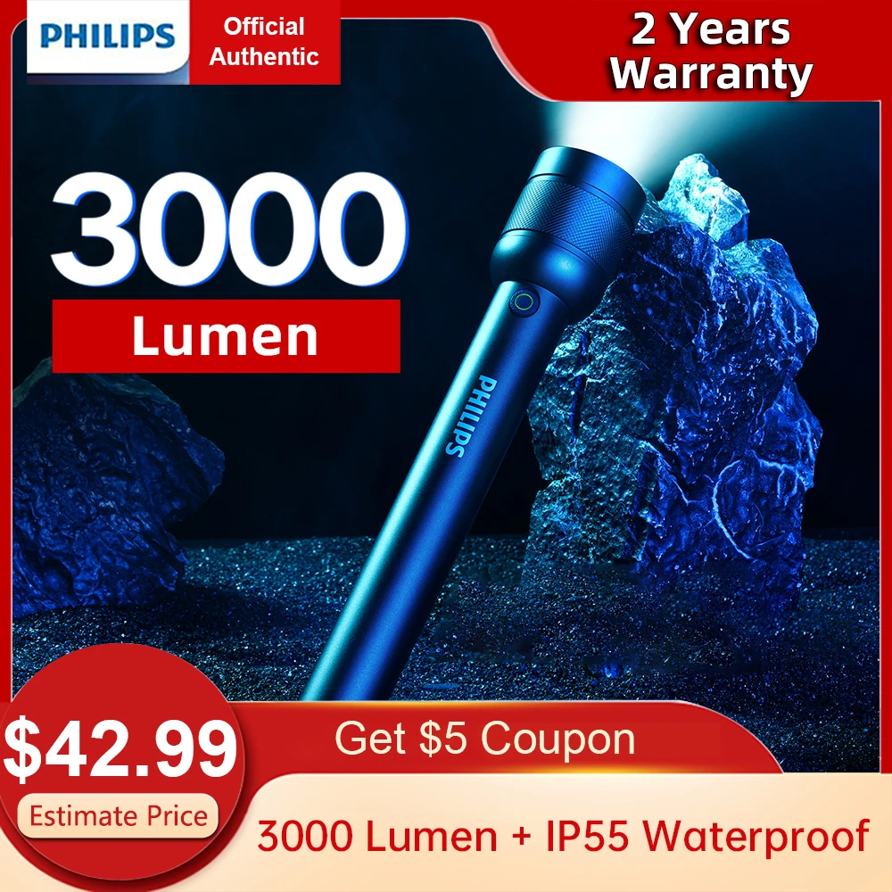 Philips SFL8468 3000 Lumen Bright Flashlight with 6000mAh Inside Rechargeable Battery IP55 Waterproof Camping Light