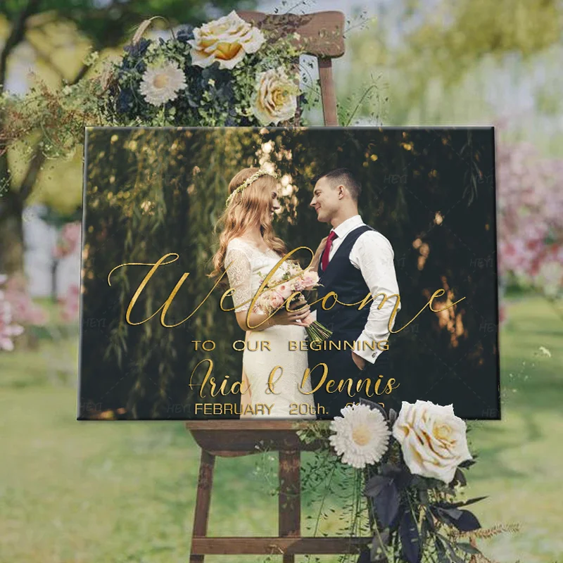 

Personalized Wedding Decoration Welcome Sign with Photo Custom Entrance Photo Sign for Wedding Engagement Party Canvas Sign
