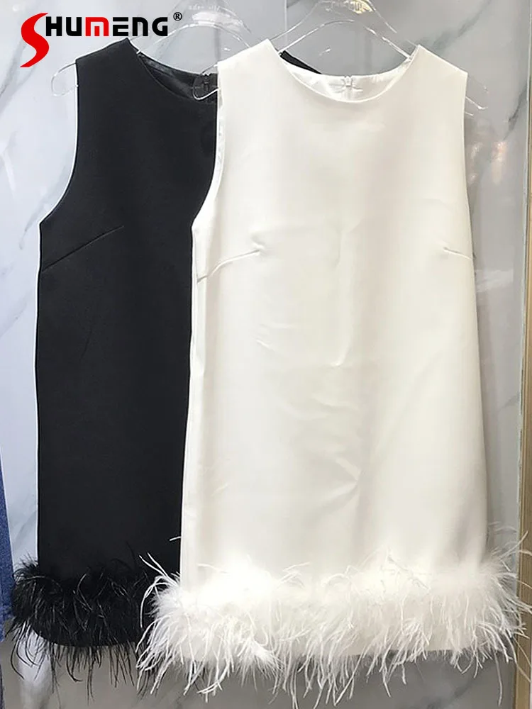 

Socialite Gathering Pullover Short Dress 2022 Autumn New Loose Round Neck Sleeveless Ostrich Feather Stitching Dresses Female