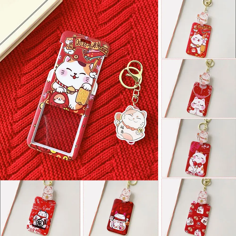 

Fortune Cat Card Holders With Keychain Kawaii Retractable ID Protection Cover IC Elevator Bus Card Holder Case