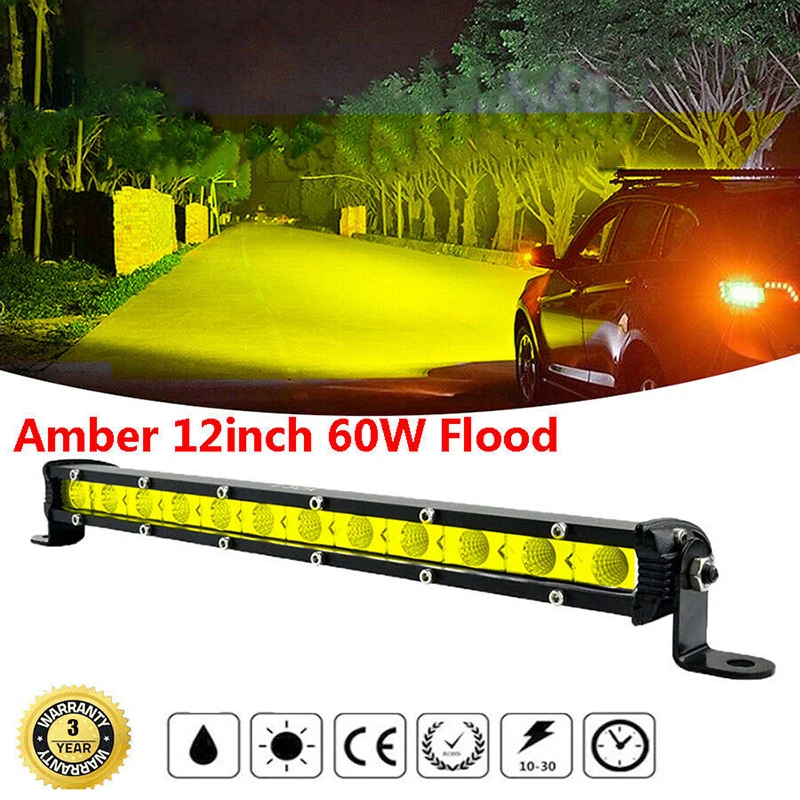 

Amber 12Inch 60W Flood Slim Single Row Fog Led Lighting Bar Car Suv Truck Atv