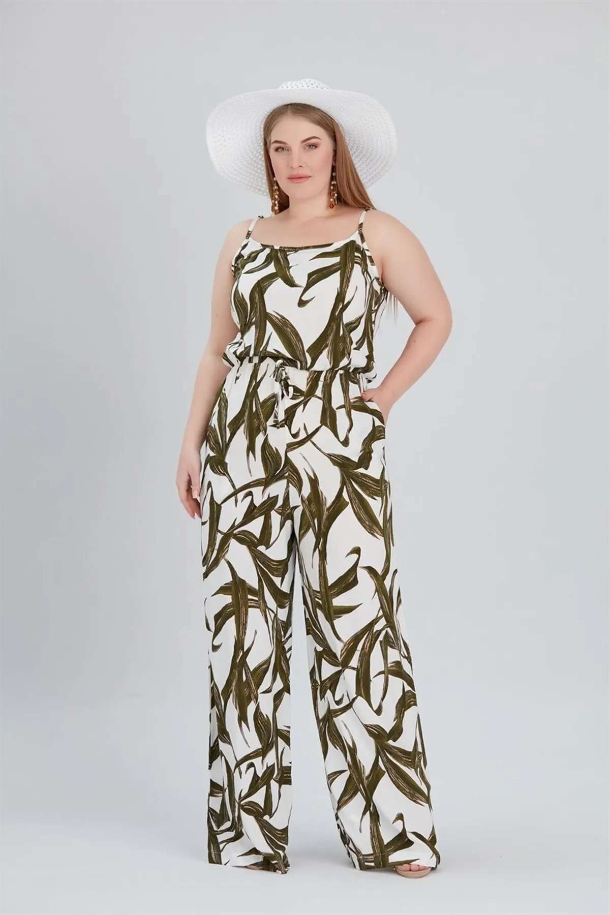 

Women's Overalls Large Size Leaf Patterned Jumpsuit White Hot Casual Fashion Sleeveless Baggy Trousers Overalls