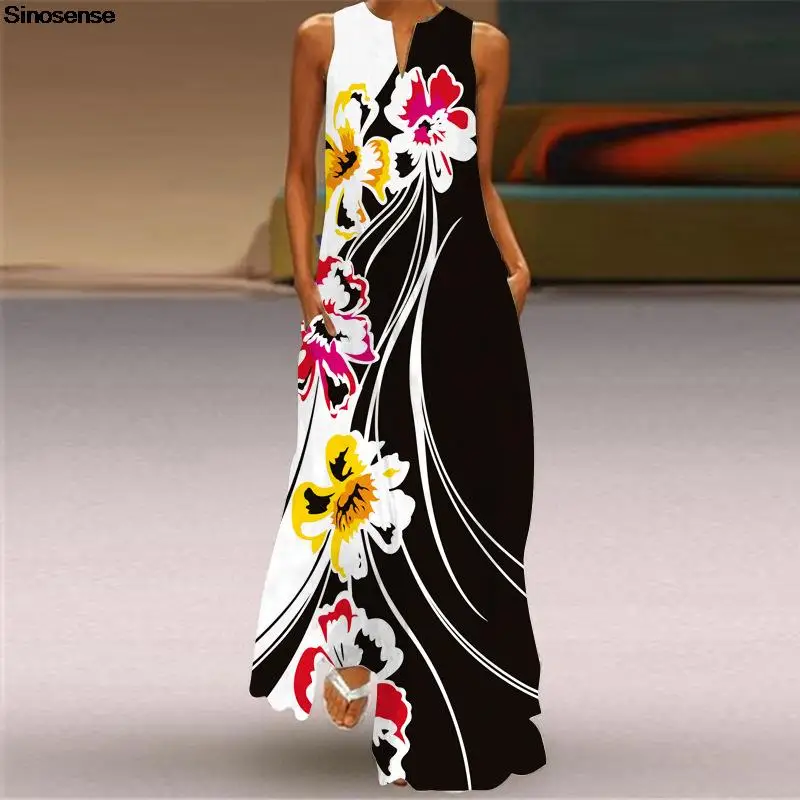 

Women Summer Floral Print V Neck Dress Bohemian Flowy Long Maxi Dresses Sexy Sleeveless Tank A Line Loose Boho Beach Party Dress