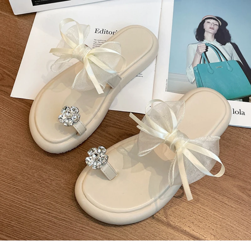 Diamond Toe Socket Slippers Sandals Women 2023 Summer New Bow Flat Slipper Platform Sandalias Flip Flops Pantuflas Chinelos
