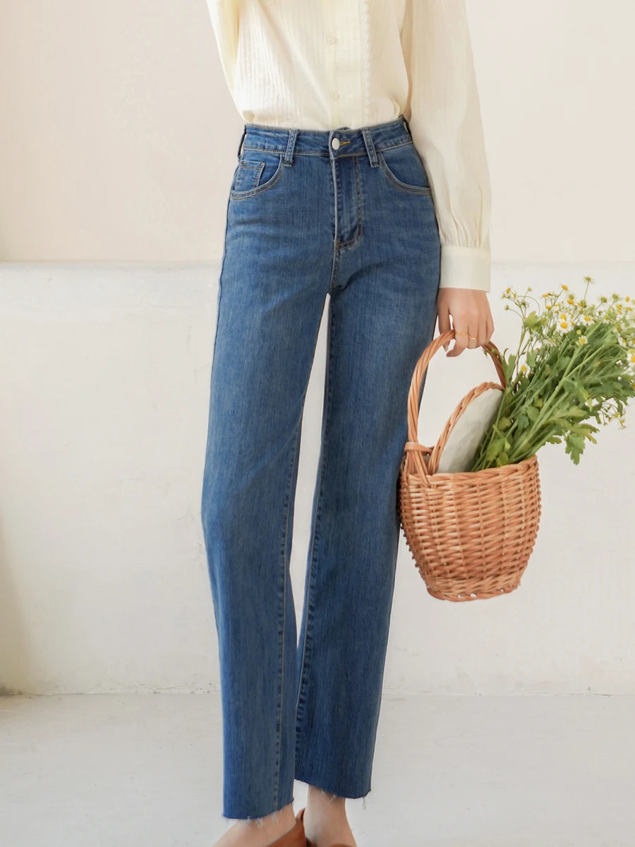 

Retro Solid Jeans Elegant Woman Clothing High Waist Pockets Zipper Cotton Straight Pants Spring Ladies Vintage Casual Trousers