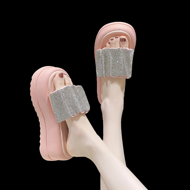 Women Luxury Rhinestone Wedges Slippers Summer Platform Thick Botttom Sandals Woman Bling PU Leather Anti-Slip Slide 7CM Slipper