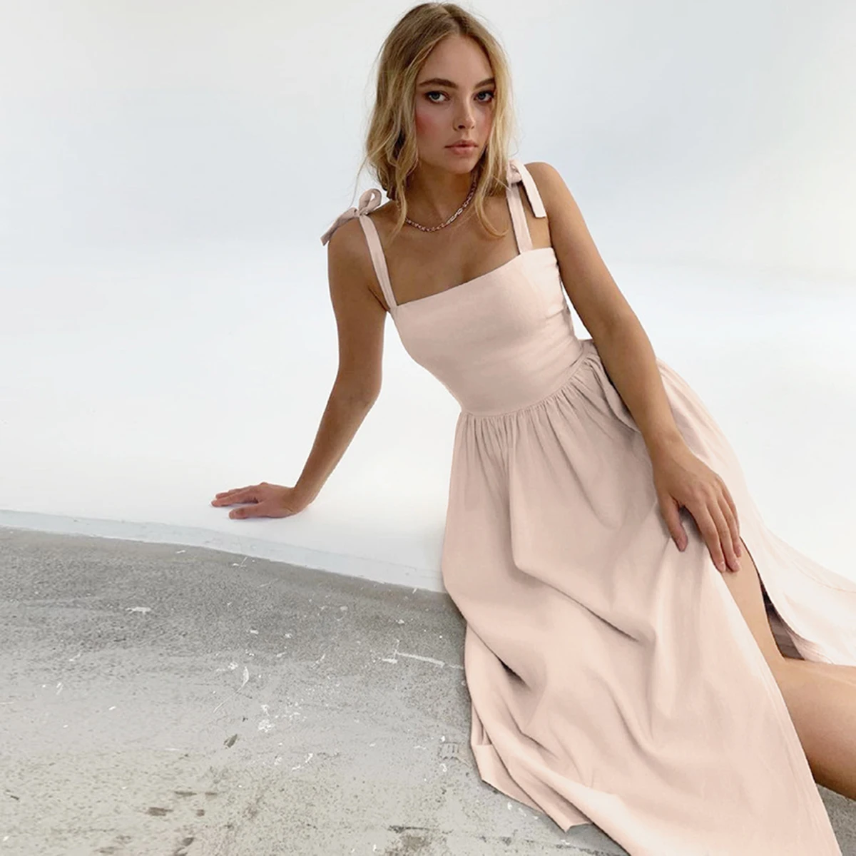 

Jyate Split Midi Dress Woman 2022 Summer Bow Straps Backless Elastic Waist Pink Vestidos Casual Fashion Chic Party Club Dresses