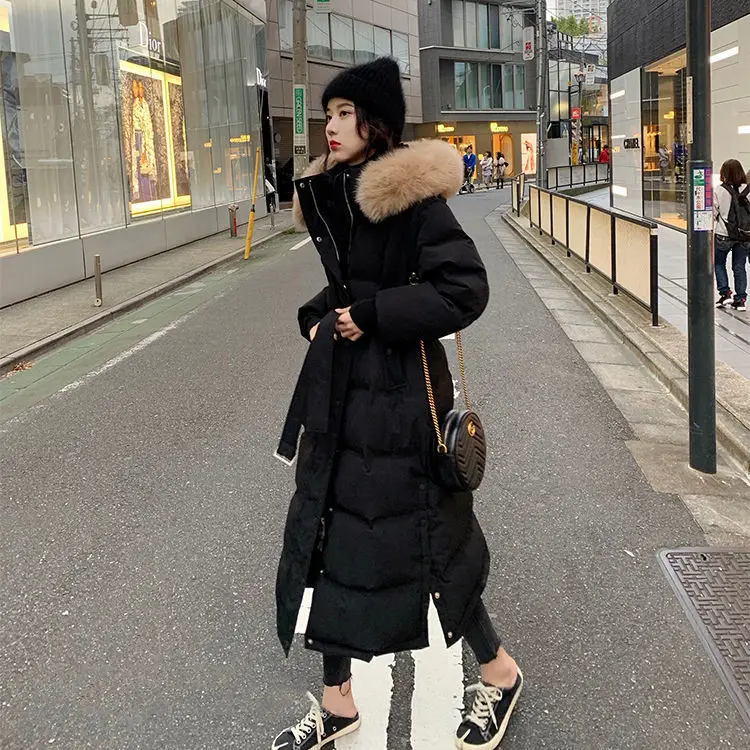 Winter New Down Jacket Women In Long Models Knee-high Thick Fox Fur Collar Cotton Jacket White Duck Down Waist Warm Jacket