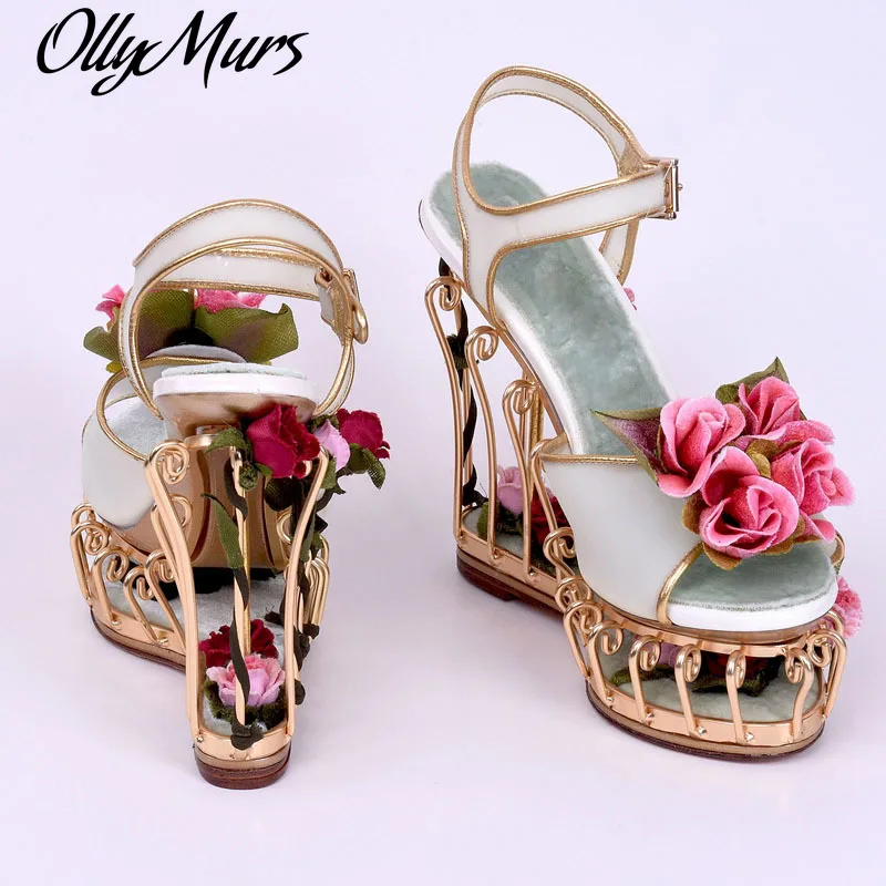 

Ollymurs Rose Flowers Embellished Bird Cage Garden PVC Ankle Strap Sandals Wedding Shoes Women High Heels Wedges