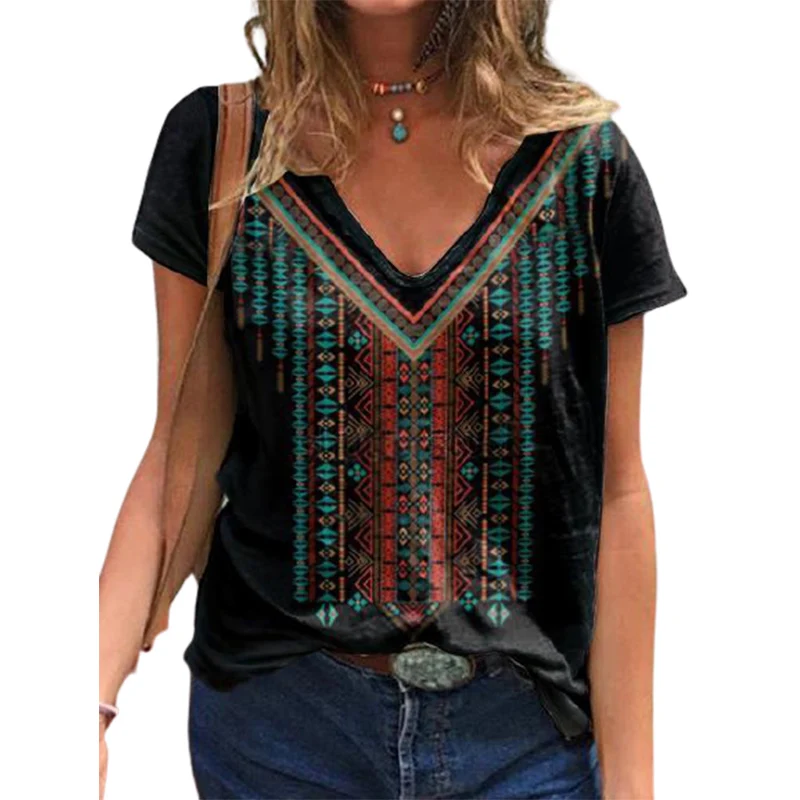 

Футболка женская с V-образным вырезом, Повседневная Свободная рубашка с коротким рукавом, в этническом стиле, в стиле ретро, в стиле бохо, в с...