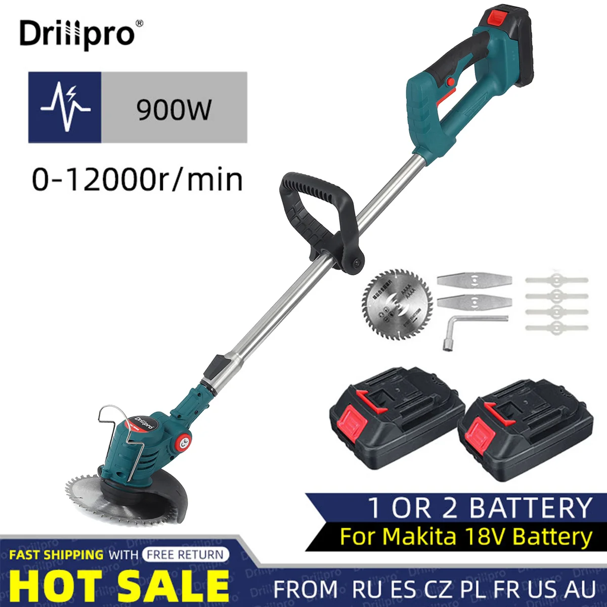 Беспроводная электрическая газонокосилка Drillpro 12000 об/мин складной регулируемый
