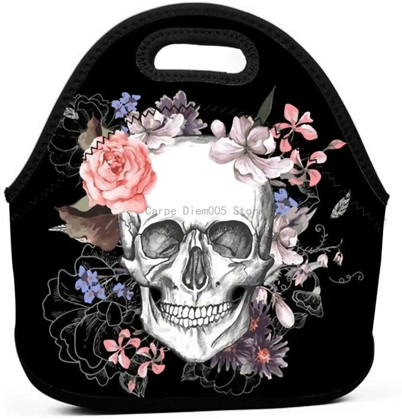 

Neoprene Lunch Bag Floral Sugar Skull Flower Reusable Insulated Thermal Lunch Tote Box Carry Case Handbag Container with Zipper