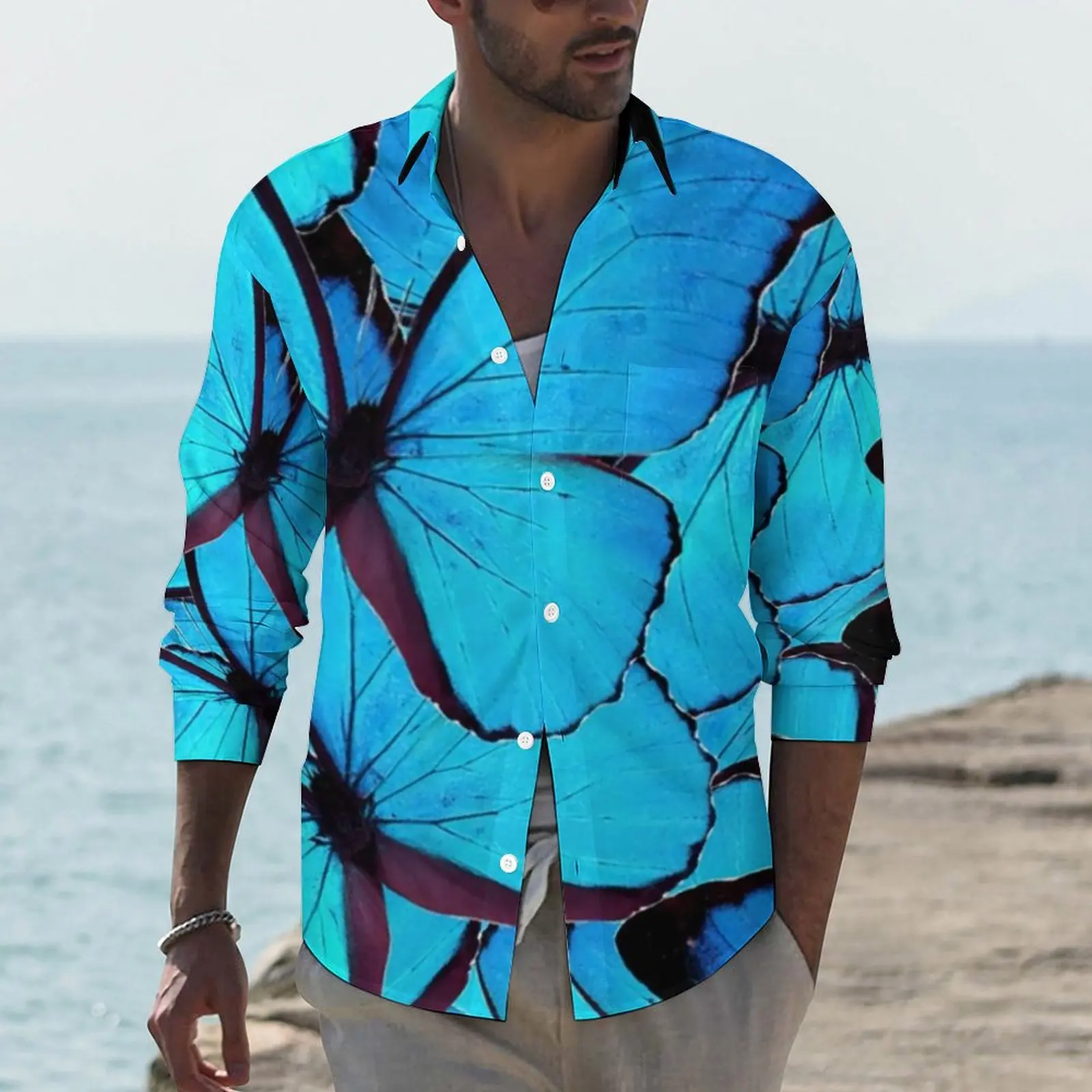 

Blue Butterfly Wings Shirt Autumn Cute Animal Print Casual Shirts Men Trendy Blouses Long Sleeve Design Street Clothes Plus Size
