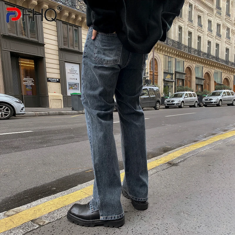 

PFHQ весенние винтажные джинсы для мужчин корейская мода прямые свободные повседневные брюки с разрезом модные джинсовые брюки новые элегантные