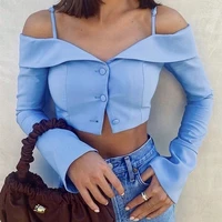 autumn style strapless 2021 long sleeved one line neck suspender top high waist single breasted shorts female two piece suit