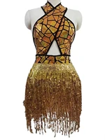 shining sequins gold and black halter sexy backless tassel women dress hollow out stage dance latin costume nightclub dj wear