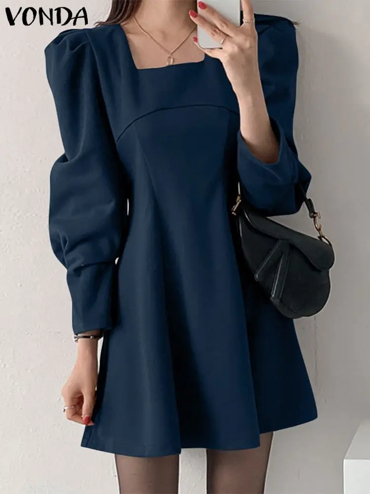 

Платье VONDA 2022 в Корейском стиле, Элегантное повседневное платье-трапеция, женское однотонное вечернее платье с длинным рукавом, весенние ми...