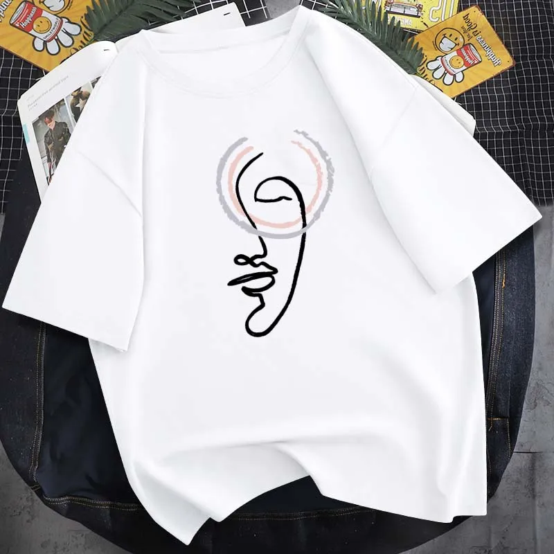 

Cute Cartoon Line Face Print Unisex T-Shirt 2021 Summer Casual Fashion 14-Color Short-Sleeved Daily Simple Harajuku Top