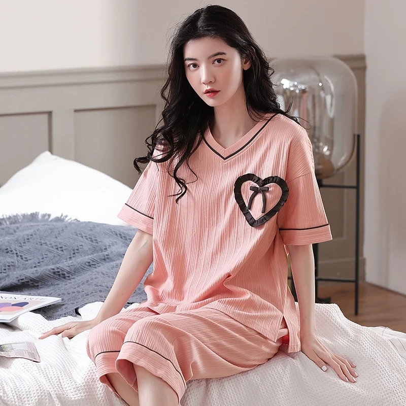 

2022 Summer Short Sleeve Cute V-neck Calf Length Cotton Pajama Set for Women Sleepwear Pyjama Homewear Pijama Mujer Home Clothes