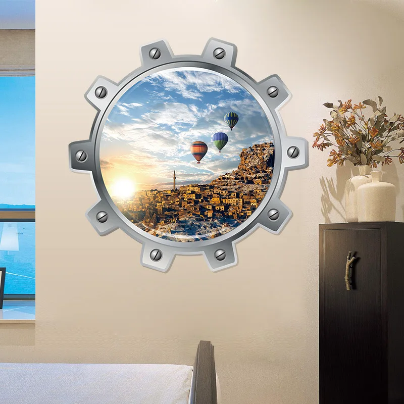

3D Wall Stickers Fake Window Landscape Ocean City Hot Air Balloon Stickers Living Room Bedroom Decoration Wall Posters