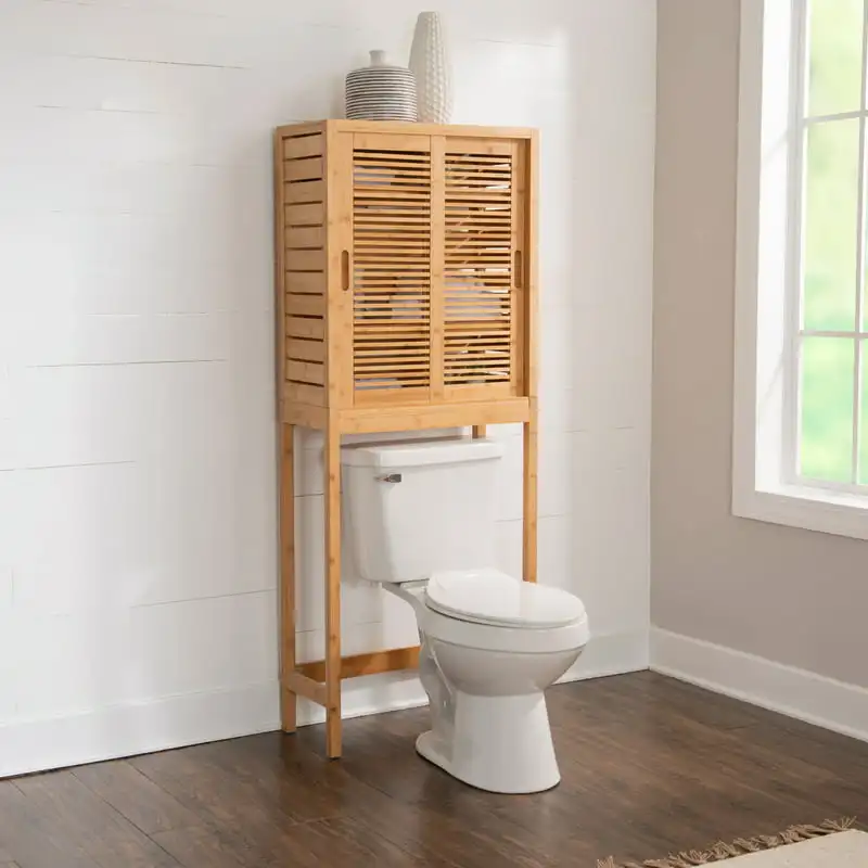 

3-Shelf Sliding Door Space Saver Cabinet, 26" Wide, Natural Bamboo