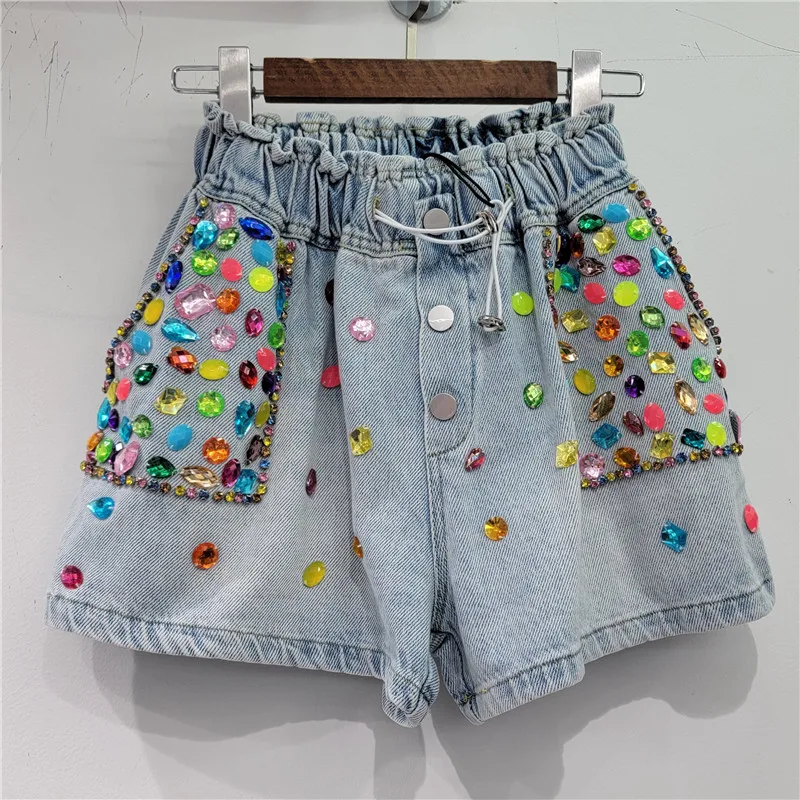 Summer 2023 Denim Shorts Women Ripped Multicolour Diamond Heavy High Waist Embroidered Flares Women's wide leg Jean Shorts