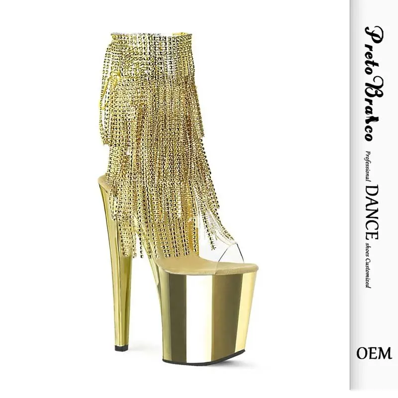 

Flash Drill Tassel Thin Heel High Heel Low Boots Nightclub Stage Pole Dance 20cm Heel 10cm Platform YKC