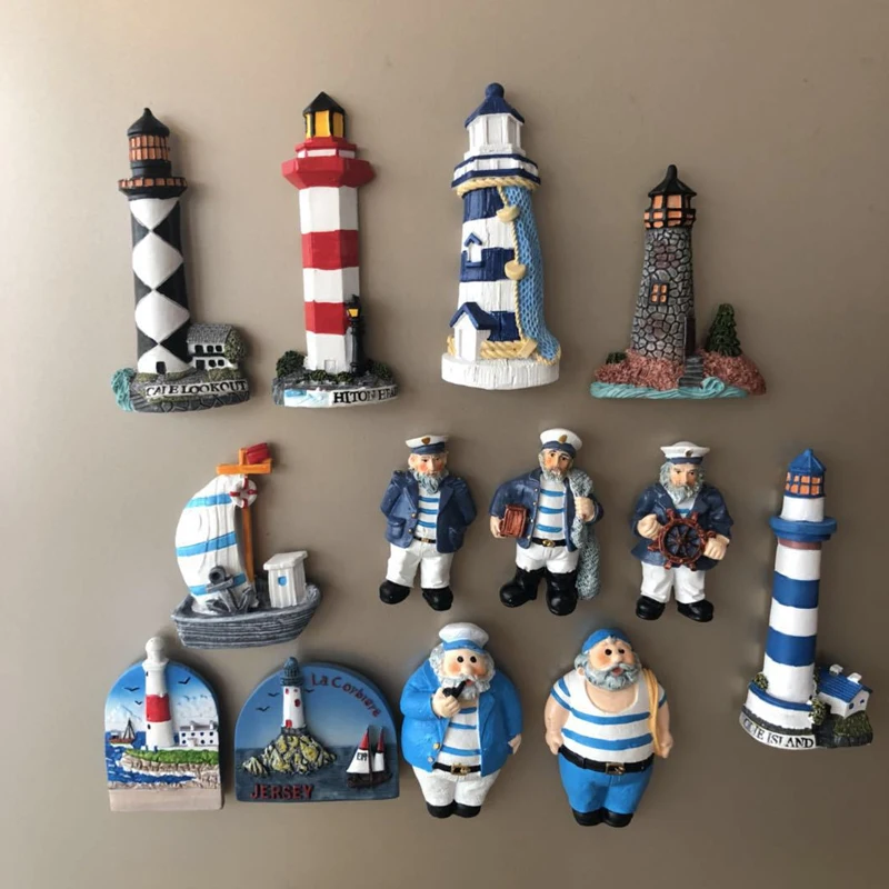 

Creative Marine Lighthouse Cruise Ship Lifebuoy Captain Character Three-dimensional Resin Fridge Magnet Fridge Decoration