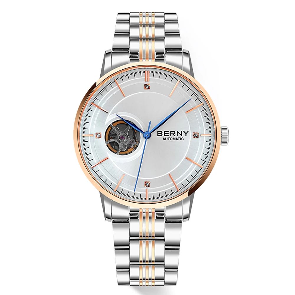 

BERNY Men Mechanical Wristwatch Skeleton Luxury Sapphire SEIKO NH38 Movt Dress Clock Exhibition Back Cover Automatic Watch for
