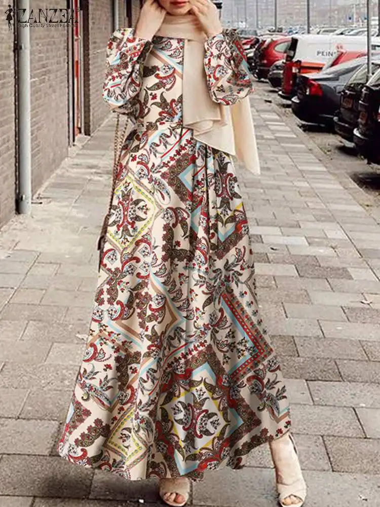 Платье ZANZEA женское с длинным рукавом, мусульманский Свободный Повседневный праздничный кафтан с круглым вырезом и цветочным принтом, абайя...
