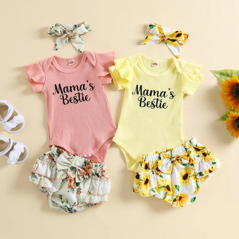 

Комбинезон для маленьких девочек, комбинезон с короткими рукавами, круглым вырезом и принтом, шорты с оборками + повязка на голову с бантом