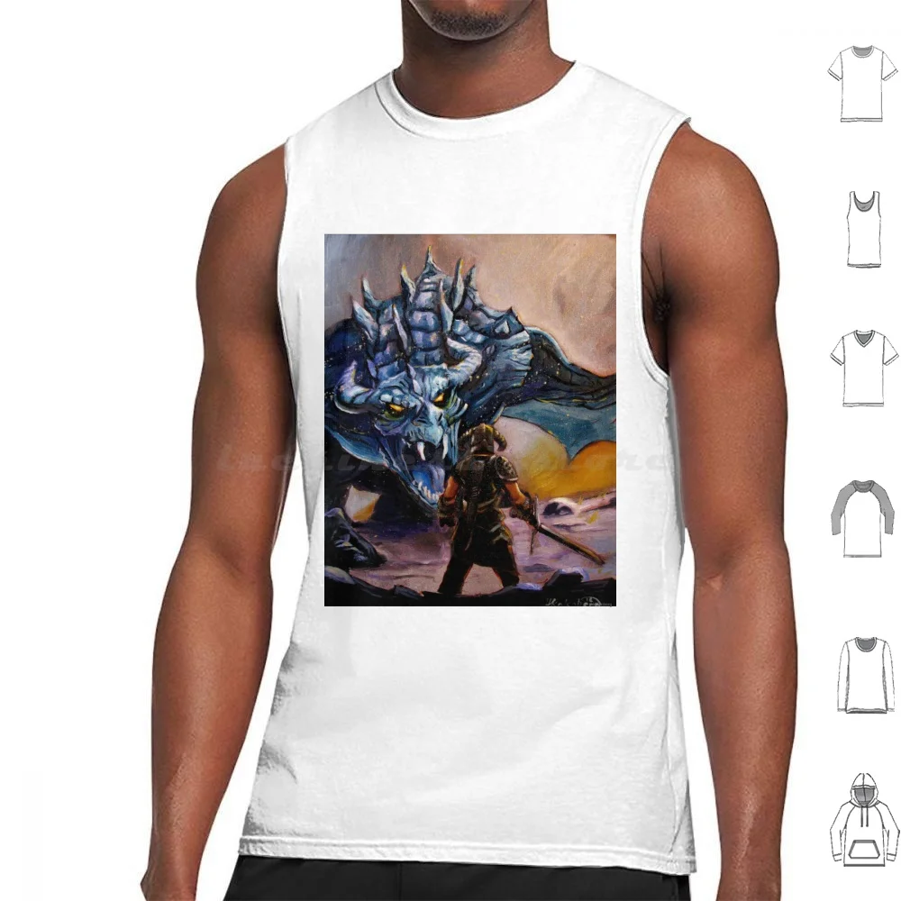 

Skyrim Tank Tops Print Cotton Skyrim Barbarian Dragon Blue Snow Scales Sword Fight Viking Creature