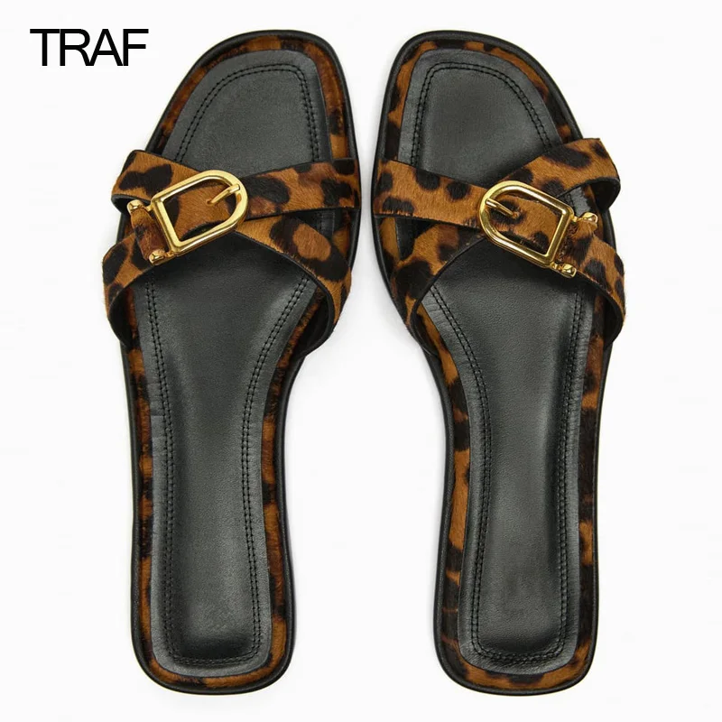 

TRAF Flat Sandals Animal Leopard Zebra Print Crosover Sandals Women's Slippers Woman Summer 2023 Casual Round toe Luxury Slipper