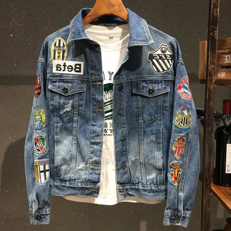 Джинсовое пальто с вышивкой весна-осень мужская Корейская облегающая Лоскутная