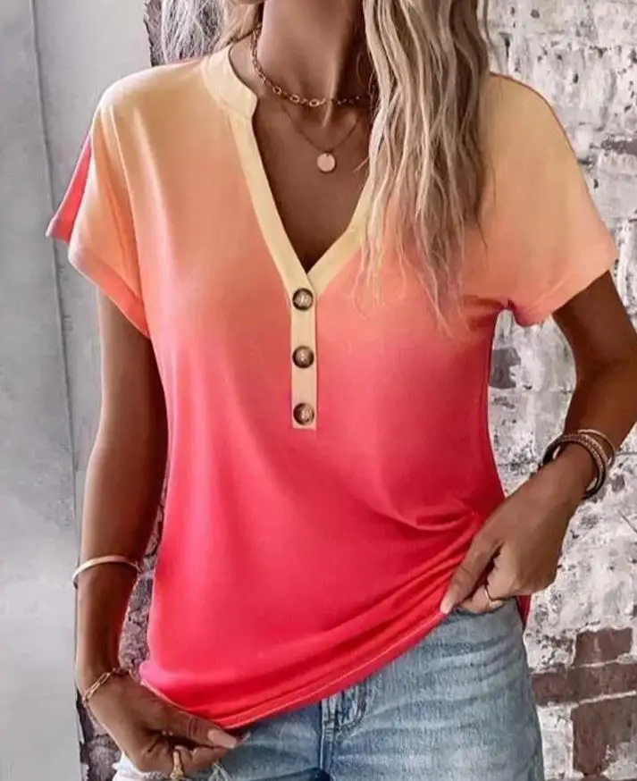 

Women's T-shirt New Ombre Notch Neck Buttoned Casual Top Short Sleeve Tee Pullover Basics Y2K Fashion Woman Blouse 2023 Summer