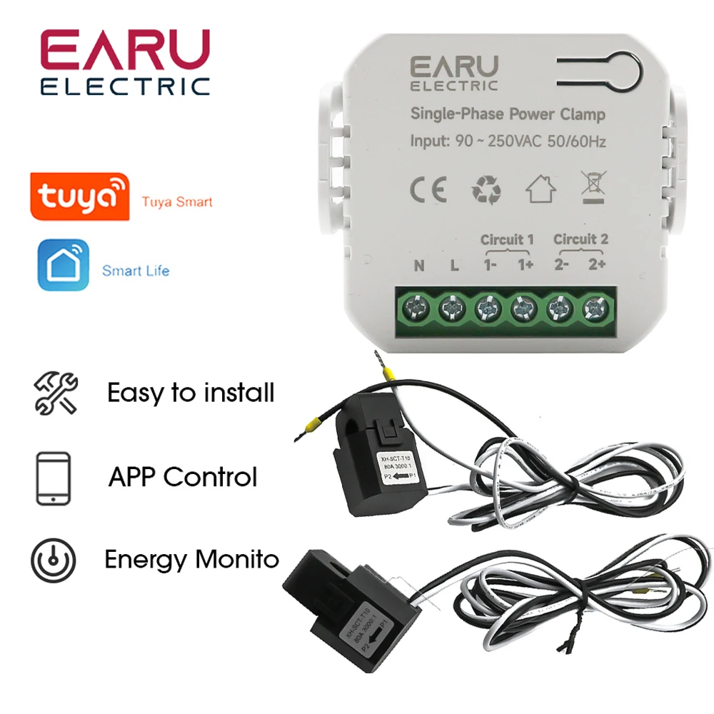 Tuya App Smart Two-way Bilateral WiFi Energy Meter 80-300A AC110V 220V with Clamp CT KWh Power Electricity Consumption Monitor