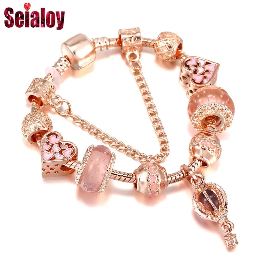 

Seialoy Rose Gold Hot Air Balloon Pendant Pink Heart Beads Glass Bead Charm Bracelets For Women Original Fashion Jewelry Gifts