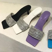 crystal rhinestones bling sandal hing heel open toe thin heels party dress shoe candy color leather sandal blue white summer