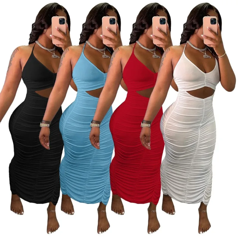 

Sexy Ruched Halter Long Dress Women Backless Pleated Bodycon Dresses Bottom Back Slit Sundresses 2021 Club Evening Party Wear