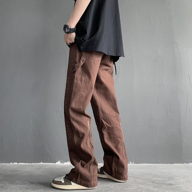 Brown Coffee Color Overalls Trend American Jeans Men's Street High Street Pants Design Sense Straight Casual Trousers Streetwear