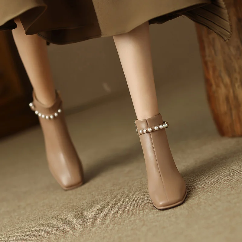 

Женские короткие ботинки на блочном каблуке, коричневые или белые модные ботинки на высоком каблуке, новинка сезона весна-осень 4813