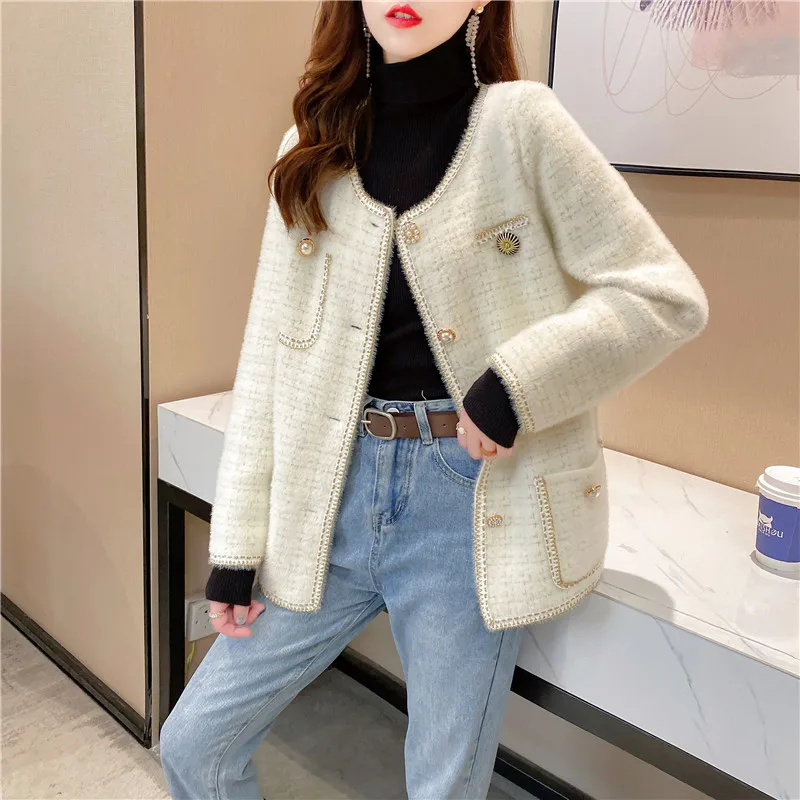 

Women Knitted Cardigan 2022 Spring Autumn Mink Fleece Plaid Sweater Jacket Female Single Breasted Knit Outerwear