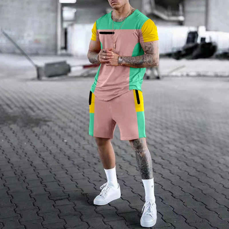 Fashion Men's tshirt Set Cotton Print Streetwear Short Sleeve Casual Shorts Casual Two Piece Suit Solid Color