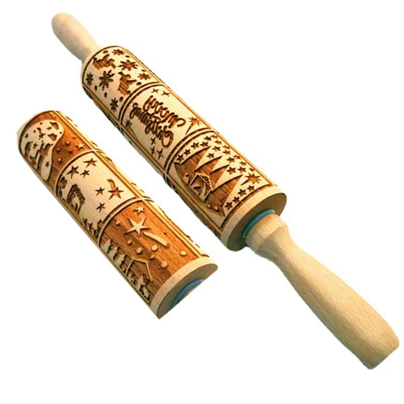 

Christmas Pattern Wooden Embossed Rolling Pin,9 Different Scenes,European Window Rolling Pin Wood For Baking Embossed Cookies