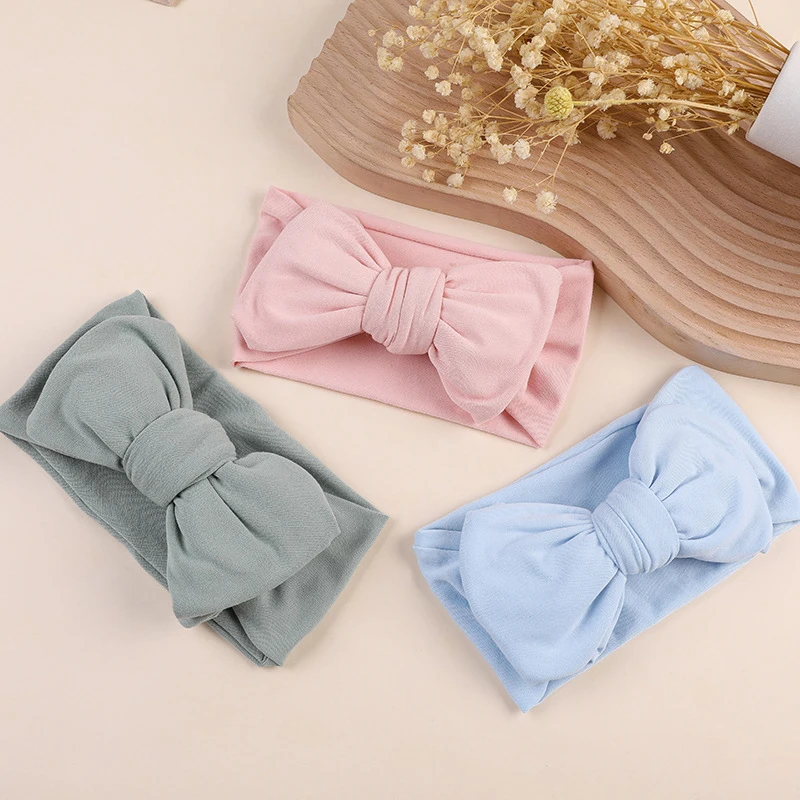 

Newborn Turban Children Hair Accessories Solid Color Elastic Hair Band Big Bowknot Baby Hairbands DIY Handmade Wide Headwrap